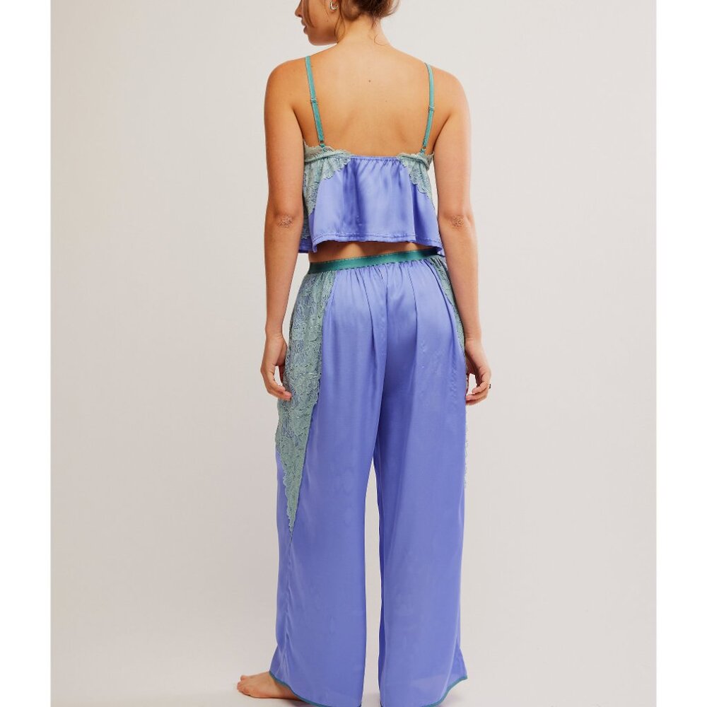 NWOT Free People Lavender Satin Lace-Trim Pajama Set with Mint Accents - Picture 3 of 10